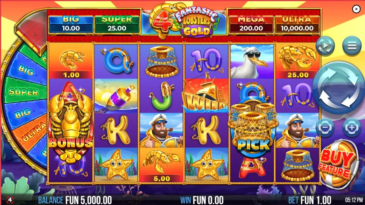 Interface vibrante e neon do slot 4 Fantastic Lobsters Gold com criaturas marinhas douradas