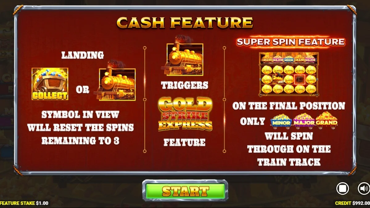 Interface do jogo de slot Gold Strike Express com trilhos de trem acima dos rolos
