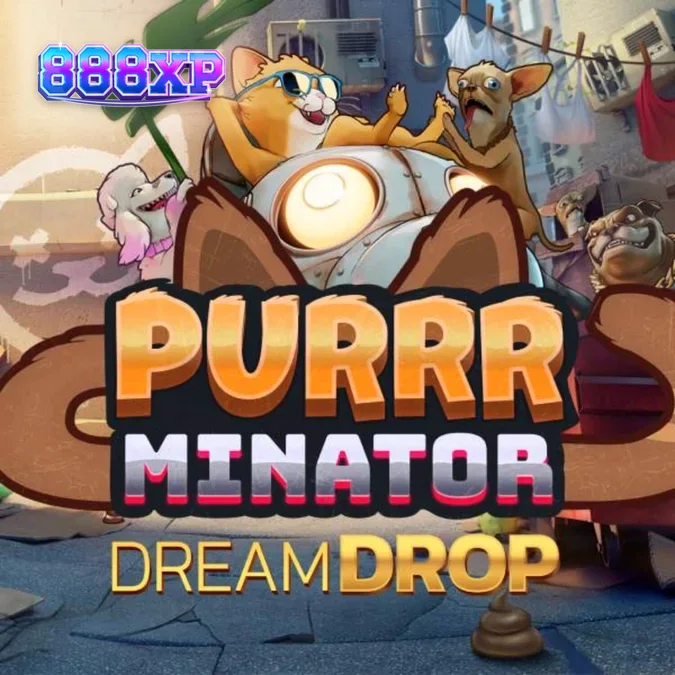 Cena distópica do slot Purrrminator Dream Drop com o gato cibernético