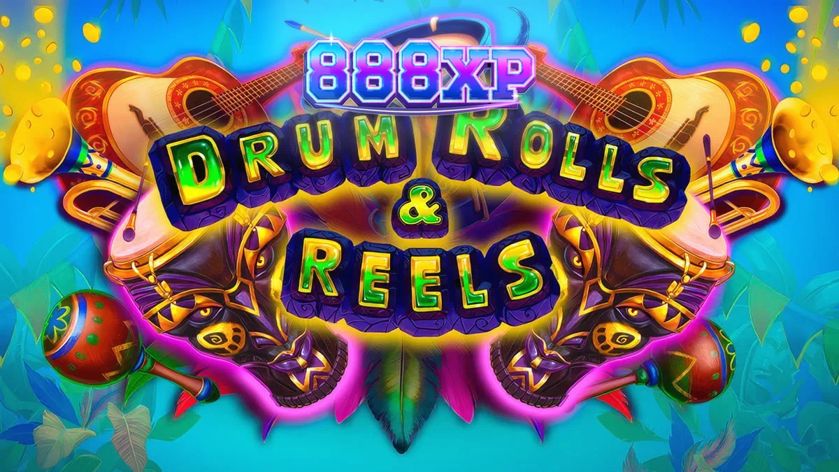 Cena vibrante e festiva do jogo de slot Drum Rolls & Reels com elementos de carnaval brasileiro.