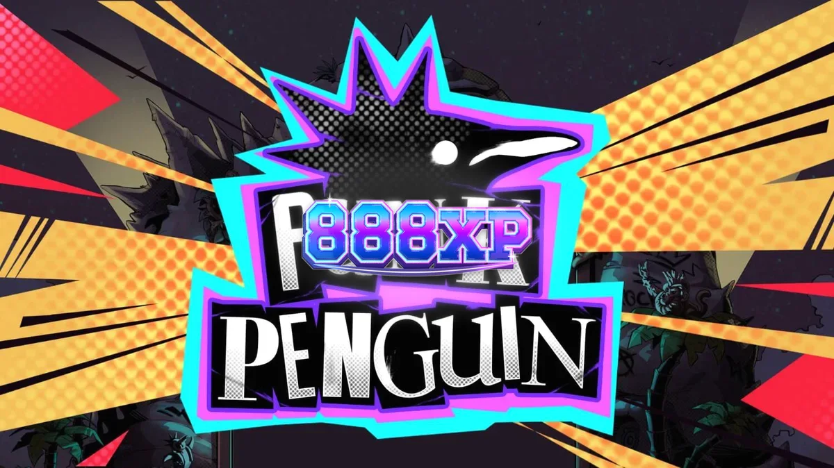 Cenário temático de Punk Penguin com pinguins punks e elementos de show de rock